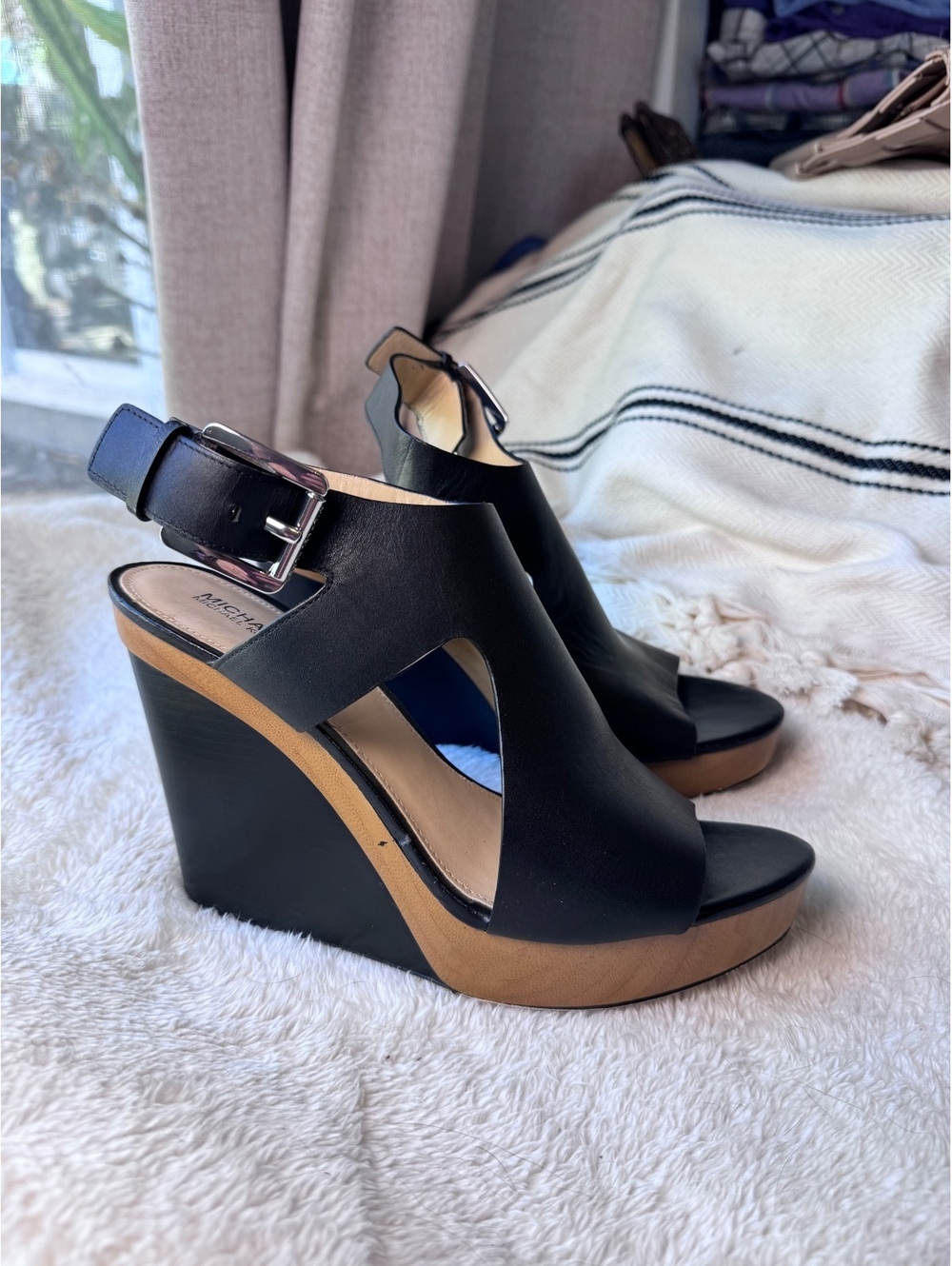 MICHAEL Michael Kors Black Leather Platform Wedge Sandals Women’s 9M